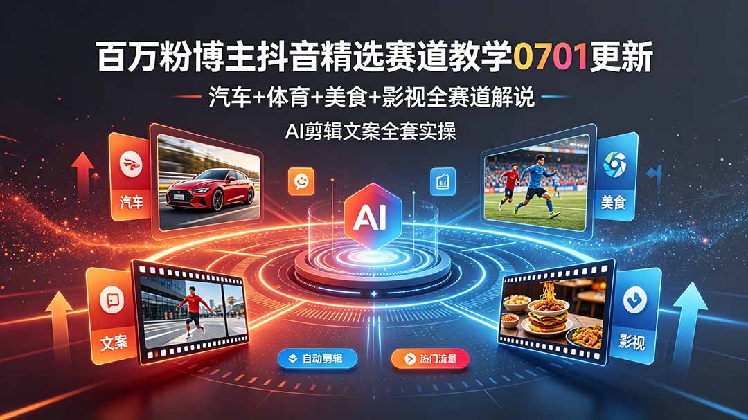 百万粉博主抖音精选赛道教学-0701更新，汽车+体育+美食+影视全赛道解说，AI剪辑文案全套实操-梦清研习社