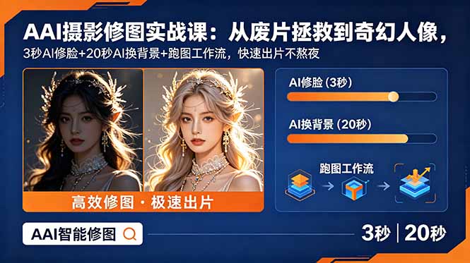 AI摄影修图实战课：从废片拯救 到 奇幻人像，3秒AI修脸+20秒AI换背景+跑图工作流，快速出片不熬夜-梦清研习社