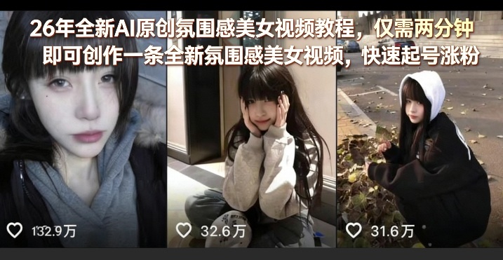 26年全新AI原创氛围感美女视频教程，仅需两分钟即可创作一条全新氛围感美女视频，快速起号涨粉-梦清研习社