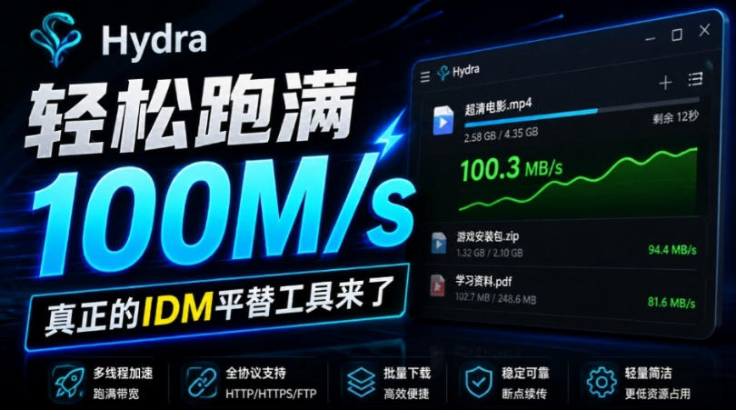 轻松跑满100M/s，真正的IDM平替工具来了，开源多线程器，支持浏览器拓展，一键智能加速Hydra Download Manager-梦清研习社