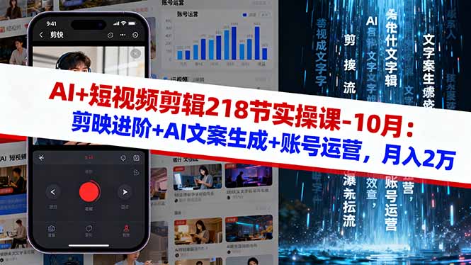 AI+短视频剪辑218节实操课-10月:剪映进阶+AI文案生成+账号运营,月入2万-梦清研习社