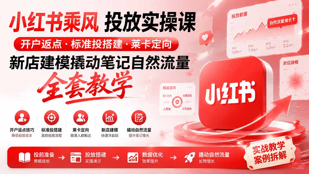 小红书乘风投放-100分钟实操课｜开户返点·标准投搭建·莱卡定向，新店建模撬动笔记自然流量全套教学-梦清研习社