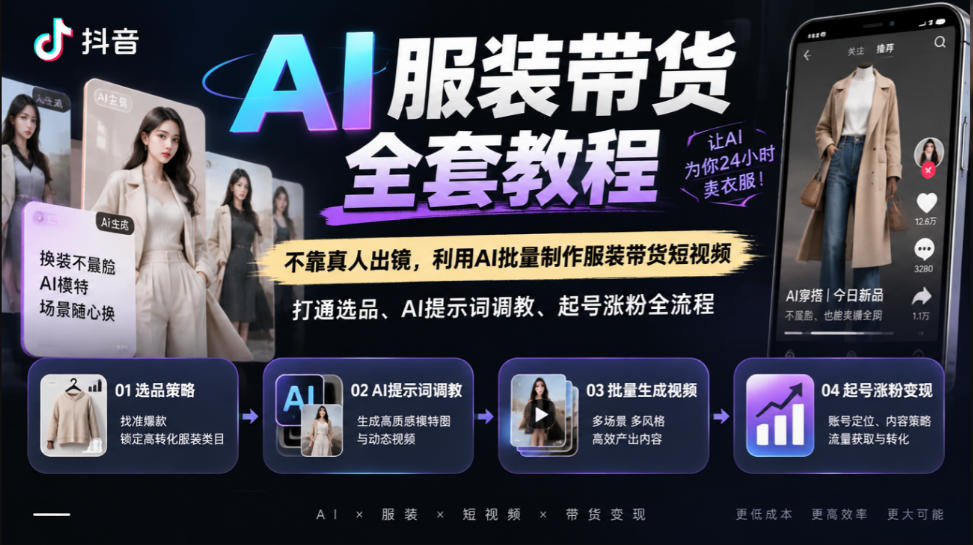 抖音AI服装带货全套教程，不靠真人出镜，利用AI批量制作服装带货短视频，打通选品、AI提示词调教、起号涨粉全流程-梦清研习社