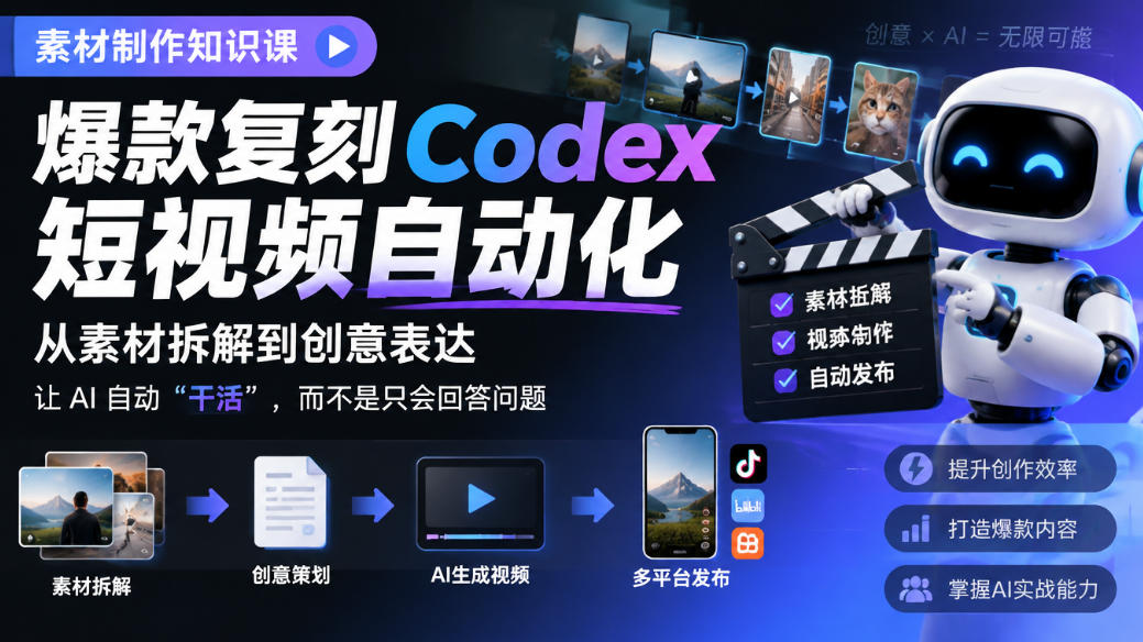 素材制作知识课,爆款复刻Codex短视频自动化,从素材拆解到创意表达,让AI自动“干活”,而不是只会回答问题-梦清研习社