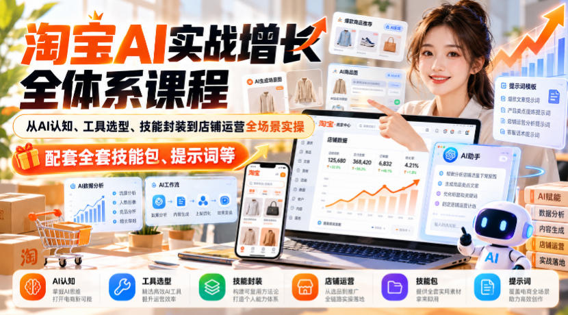 淘宝AI实战增长全体系课程，从AI认知、工具选型、技能封装到店铺运营全场景实操，配套全套技能包、提示词等-梦清研习社