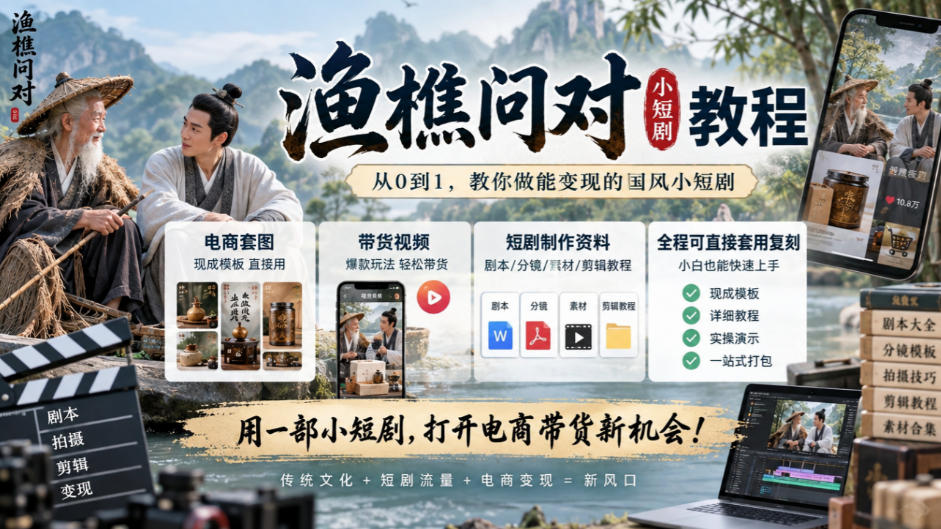 渔樵问对小短剧教程，包含电商套图、带货视频，短剧制作资料，全程可直接套用复刻-梦清研习社