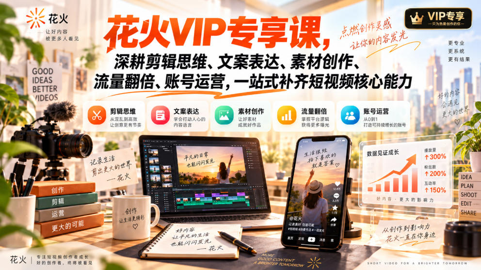 花火VIP专享课，深耕剪辑思维、文案表达、素材创作、流量翻倍、账号运营，一站式补齐短视频核心能力-梦清研习社
