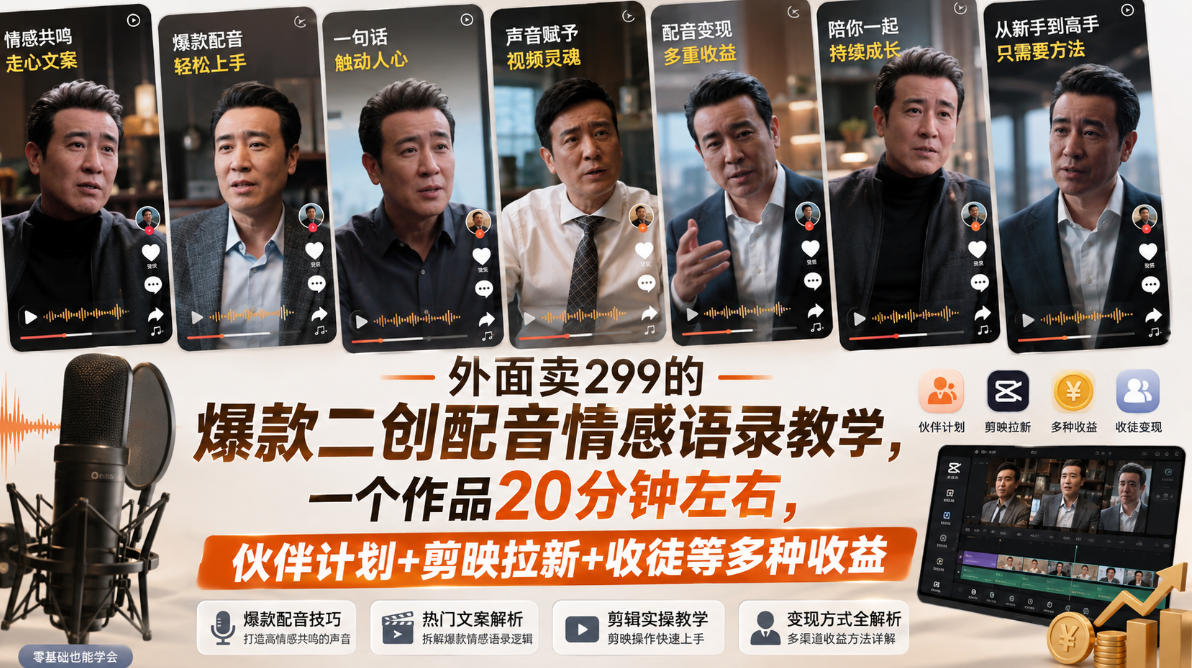 外面卖299的爆款二创配音情感语录教学，一个作品20分钟左右，伙伴计划+剪映拉新+收徒等多种收益-梦清研习社