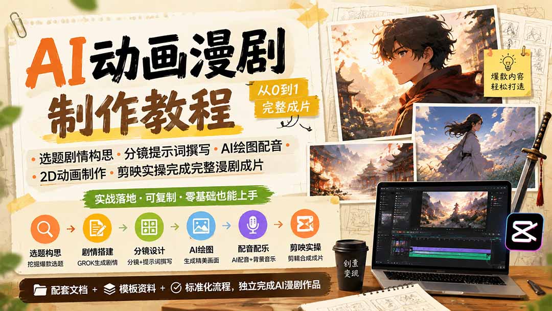 AI动画漫剧制作教程｜选题剧情构思·分镜提示词撰写·AI绘图配音·2D动画制作·剪映实操完成完整漫剧成片-梦清研习社