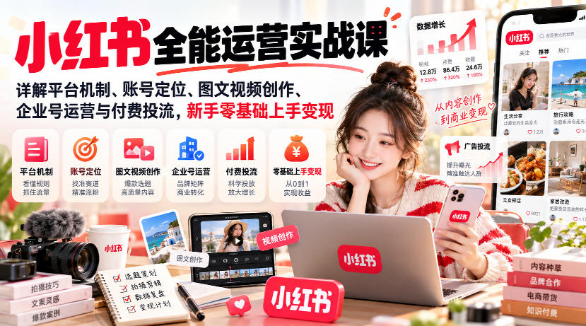 小红书全能运营实战课，详解平台机制、账号定位、图文视频创作、企业号运营与付费投流，新手零基础上手变现-梦清研习社