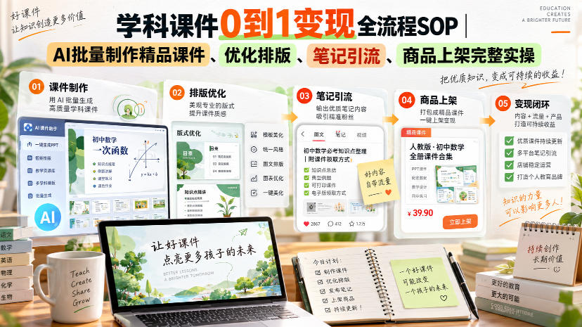 学科课件0到1变现全流程SOP｜AI批量制作精品课件、优化排版、笔记引流、商品上架完整实操​-梦清研习社