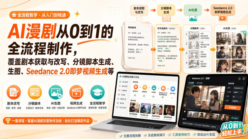 AI漫剧从0到1的全流程制作，覆盖剧本获取与改写、分镜脚本生成、角色场景生图与三视图、Seedance 2.0即梦视频生成(PDF版)-梦清研习社