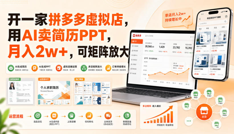 开一家拼多多虚拟店，用AI卖简历PPT，月入2w+，可矩阵放大【揭秘】-梦清研习社