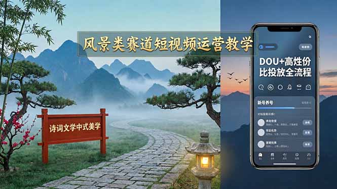 风景类赛道短视频运营教学：诗词文学中式美学，新号养号对标账号定位，DOU+高性价比投放全流程-梦清研习社