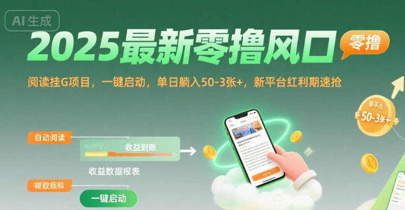 2025最新零撸风口，阅读挂G项目，一键启动，单日躺入 50-3张+，新平台红利期速抢【揭秘】-梦清研习社