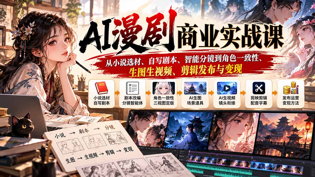 AI漫剧商业实战课：从小说选材、自写剧本、智能分镜到角色一致性、生图生视频、剪辑发布与变现-梦清研习社