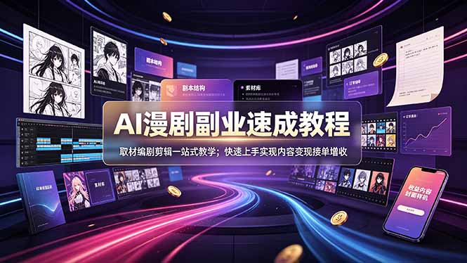 AI漫剧副业速成教程，取材编剧剪辑一站式教学；快速上手实现内容变现接单增收-梦清研习社