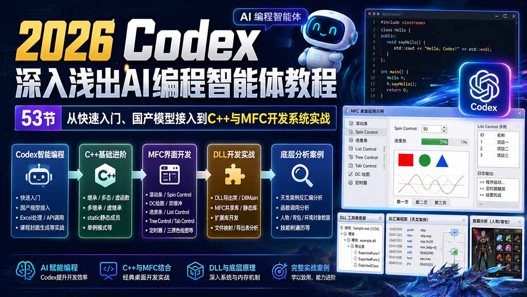 2026 Codex深入浅出AI编程智能体教程：53节从快速入门、国产模型接入到C++与MFC开发系统实战-梦清研习社