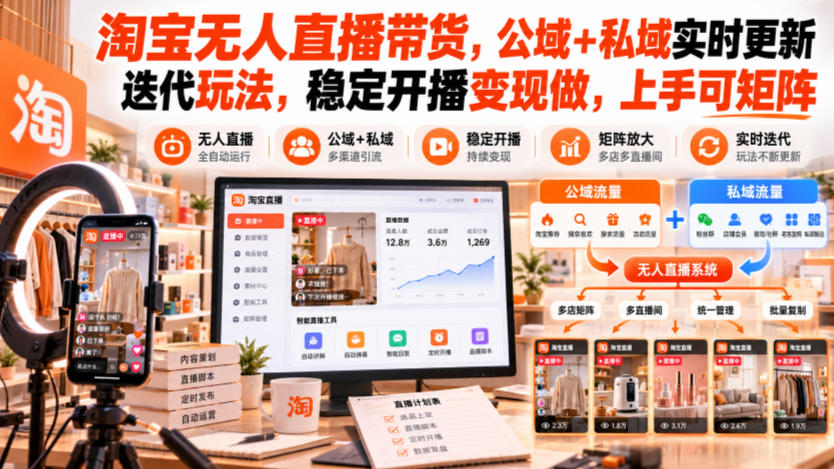 淘宝无人直播带货，公域+私域实时更新迭代玩法，稳定开播变现做，上手可矩阵【揭秘】-梦清研习社