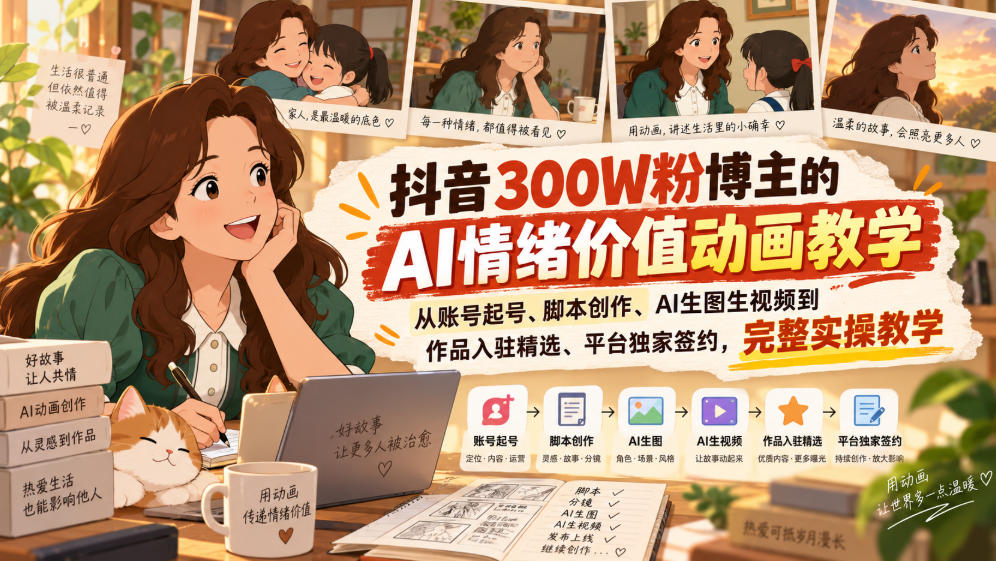 抖音300W粉博主的AI情绪价值动画教学，从账号起号、脚本创作、AI生图生视频到作品入驻精选、平台独家签约，完整实操-梦清研习社
