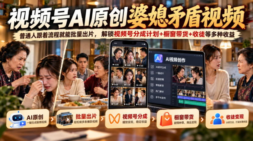 视频号ai原创婆媳矛盾视频，普通人跟着流程就能批量出片，解锁视频号分成计划+橱窗带货+收徒等多种收益-梦清研习社