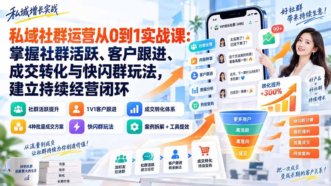 私域社群运营从0到1实战课：掌握社群活跃、客户跟进、成交转化与快闪群玩法，建立持续经营闭环-梦清研习社