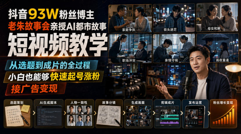 抖音93W粉丝博主老朱故事会亲授AI都市故事短视频教学，从选题到成片的全过程，小白也能够快速起号涨粉接广告变现-梦清研习社