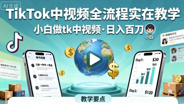 TikTok中视频全流程实操教学，小白做tk中视频，日入百刀-梦清研习社