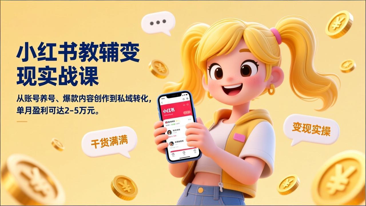 小红书教辅变现实战课，从账号养号、爆款内容创作到私域转化，单月盈利可达2-5万元-梦清研习社