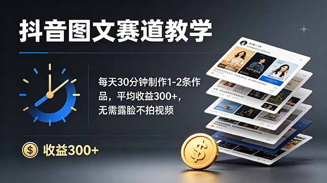 抖音图文赛道教学：每天30分钟制作1-2条作品，平均收益300+，无需露脸不拍视频-梦清研习社