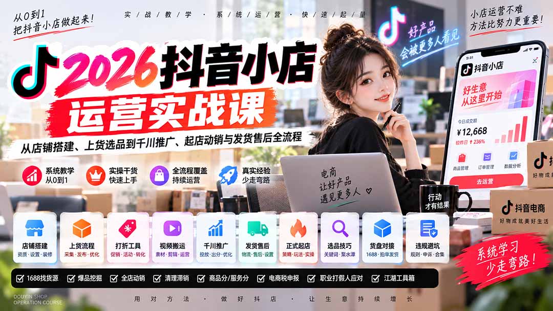 2026抖音小店运营实战课｜从店铺搭建、上货选品到千川推广、起店动销与发货售后全流程-梦清研习社
