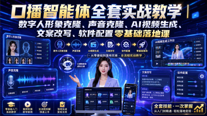 口播智能体全套实战教学｜数字人形象克隆、声音克隆、AI视频生成、文案改写、软件配置零基础落地课-梦清研习社