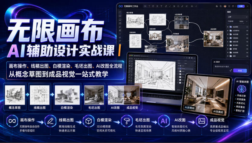无限画布AI辅助设计实战课|画布操作、线稿出图、白模渲染、毛坯出图、AI改图全流程,从概念草图到成品视觉一站式教学-梦清研习社