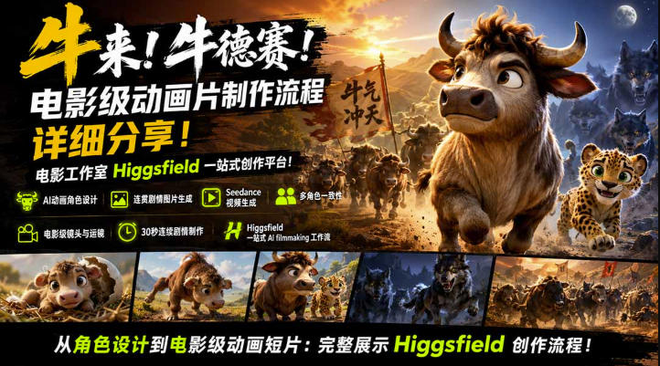 牛来！牛德赛！电影级动画片制作流程详细分享！电影工作室Higgsfield一站式创作平台，完整创作流程-梦清研习社