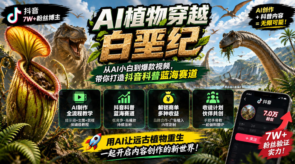 抖音7W粉丝博主的AI植物穿越白垩纪教学，抖音科普蓝海赛道，解锁商单收徒伙伴计划等多种收益-梦清研习社