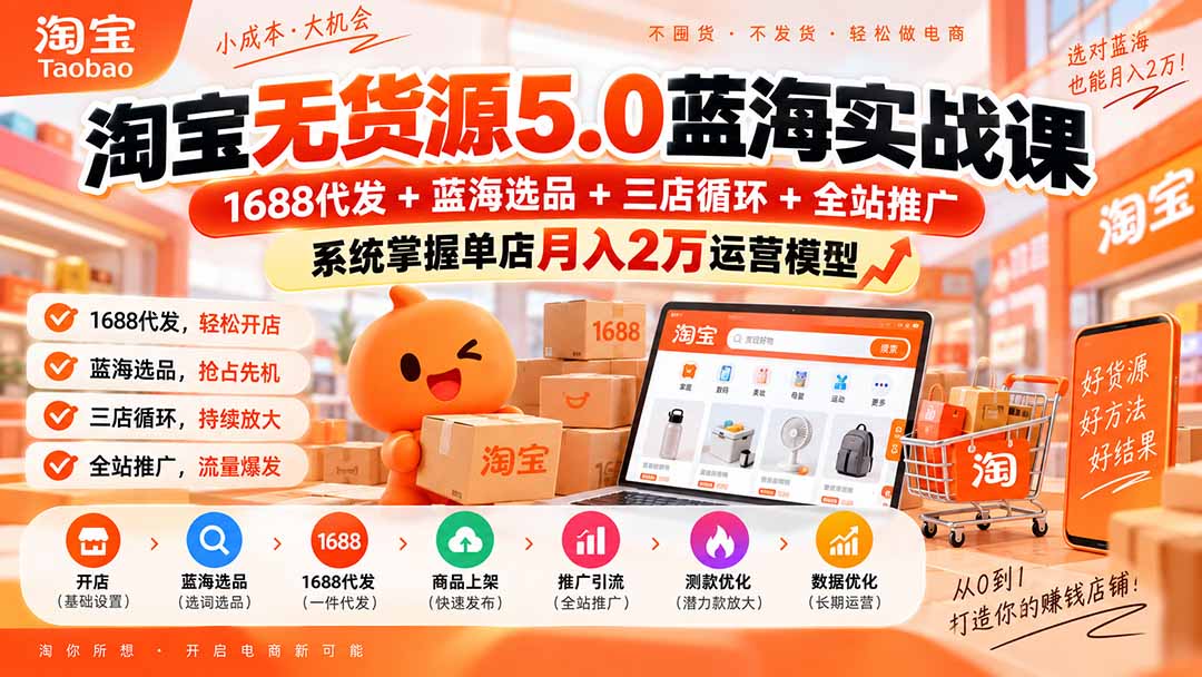 淘宝无货源5.0蓝海实战课-更新0927：1688代发+蓝海选品+三店循环+全站推广，系统掌握单店月入2万运营模型-梦清研习社