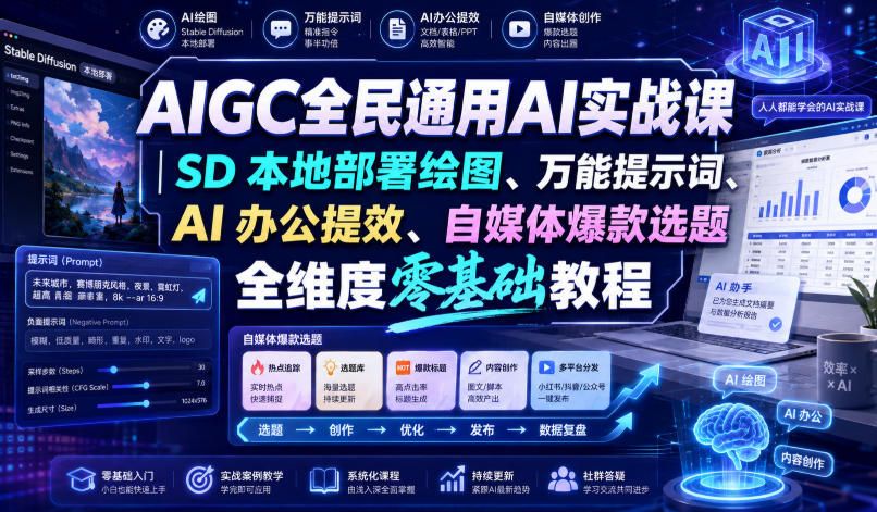 AIGC全民通用AI实战课｜SD本地部署绘图、万能提示词、AI办公提效、自媒体爆款选题全维度零基础教程-梦清研习社