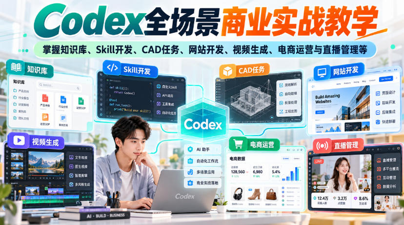 【无水印】Codex全场景商业实战教学，掌握知识库、Skill开发、CAD任务、网站开发、视频生成、电商运营与直播管理等-梦清研习社