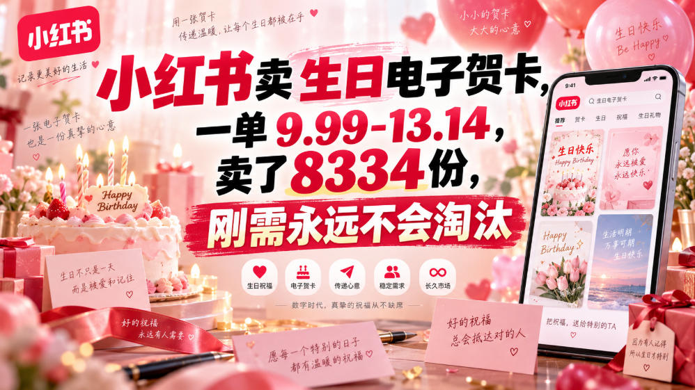 小红书卖生日电子贺卡，一单9.99-13.14，卖了8334份，刚需永远不会淘汰-梦清研习社