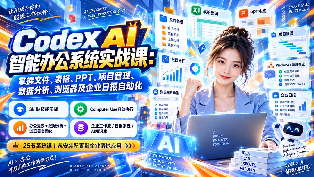 Codex AI智能办公系统实战课：掌握文件、表格、PPT、项目管理、数据分析、浏览器及企业日报自动化-梦清研习社