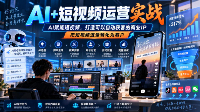 AI+短视频运营实战，AI赋能短视频，打造可以自动获客的商业IP，把短视频流量转化为客户-梦清研习社