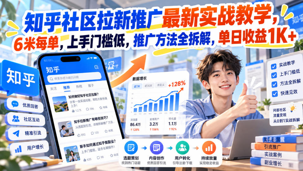 知乎社区拉新推广最新实战教学，6米每单，上手门槛低，推广方法全拆解，单日收益1K+！(更新0930)-梦清研习社