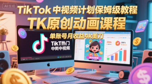 TikTok中视频计划保姆级教程，TK原创动画课程，单账号月收益4k美刀-梦清研习社