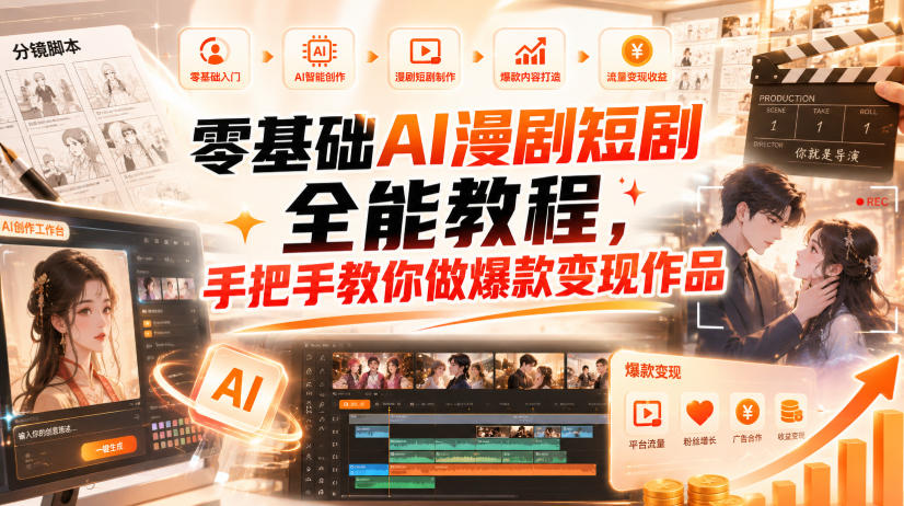 零基础AI漫剧短剧全能教程，从AI智能体搭建、文案脚本分镜、多平台AI生视频、剪映精修，覆盖全题材创作，手把手教你做爆款变现作品-梦清研习社