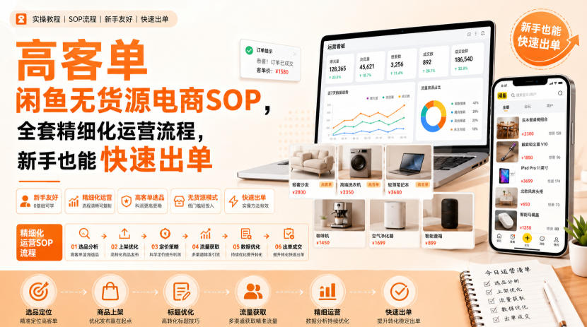 高客单闲鱼无货源电商SOP，全套精细化运营流程，新手也能快速出单-梦清研习社