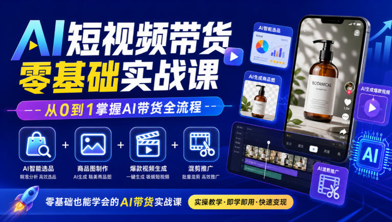 AI短视频带货零基础实战课｜AI智能选品+商品图制作+爆款视频生成+混剪推广，从0到1掌握AI带货全流程-梦清研习社