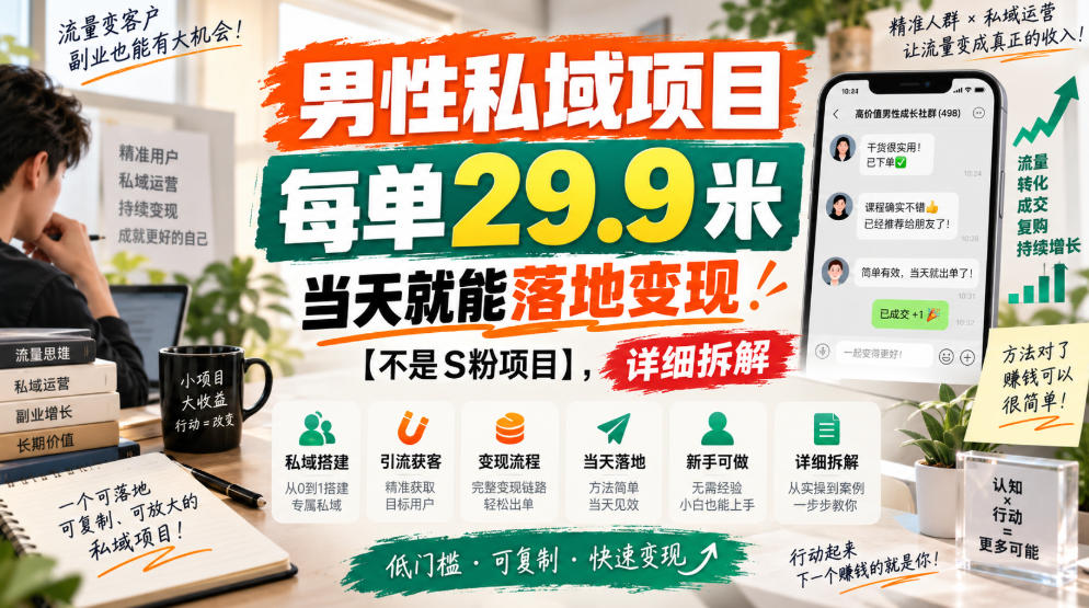 男性私域项目，每单29.9米，当天就能落地变现【不是S粉项目】，详细拆解-梦清研习社