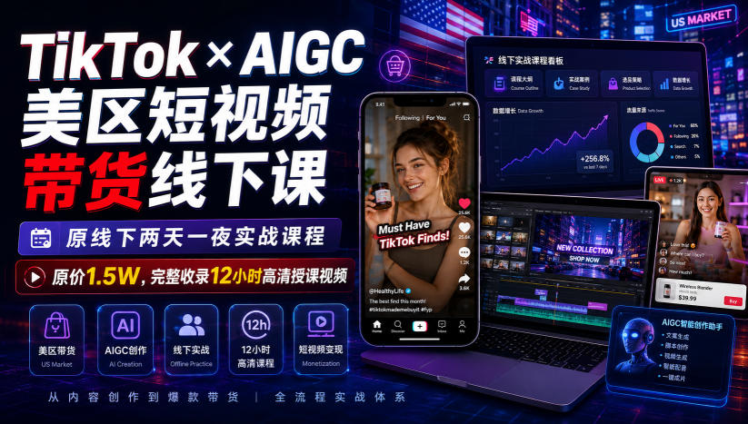 TikTok×AIGC美区短视频带货线下课，原线下两天一夜实战课程，原价1.5W，完整收录12小时高清授课视频-梦清研习社