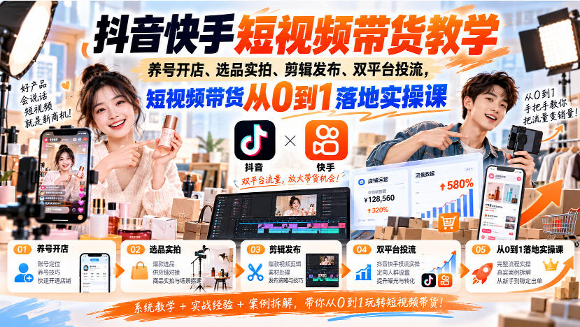 抖音快手短视频带货教学｜养号开店、选品实拍、剪辑发布、双平台投流，短视频带货从0到1落地实操课-梦清研习社