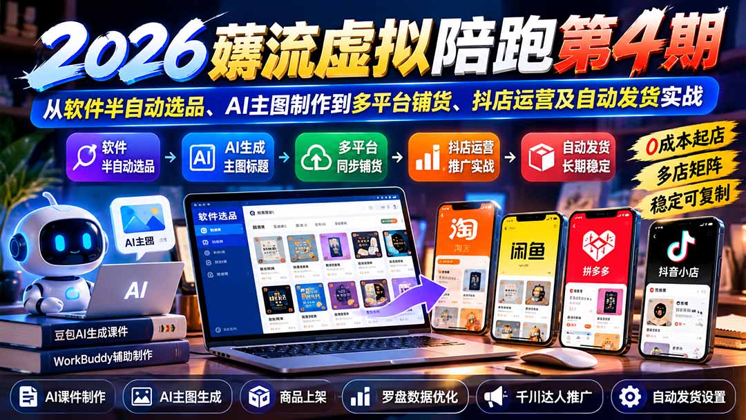 2026薅流虚拟陪跑第4期：从软件半自动选品、AI主图制作到多平台铺货、抖店运营及自动发货实战-梦清研习社